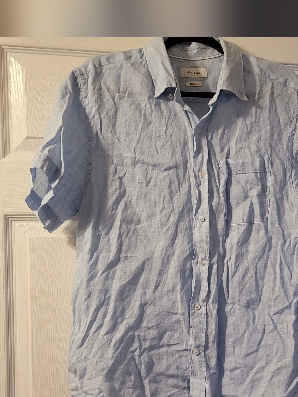 Pure Linen Short-Sleeve Button-Up Shirt - Light Blue. Size Large